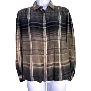 Betty‎ Hanson Silk Blouse Womens 10 Gray Ombre Plaid Vintage Button Long Sleeve